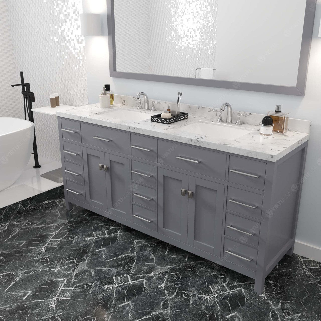 Caroline Parkway 72" Bath Vanity in Gray with Cultured Marble Quartz Top side view