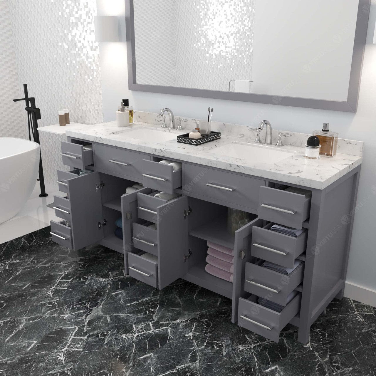 Caroline Parkway 72" Bath Vanity in Gray with Cultured Marble Quartz Top drawers open