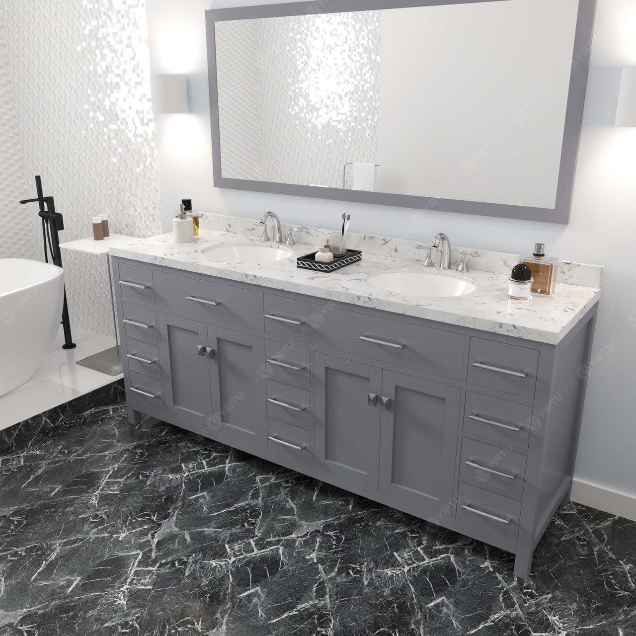 Caroline Parkway 78" Bath Vanity in Gray with Quartz Countertop perspective