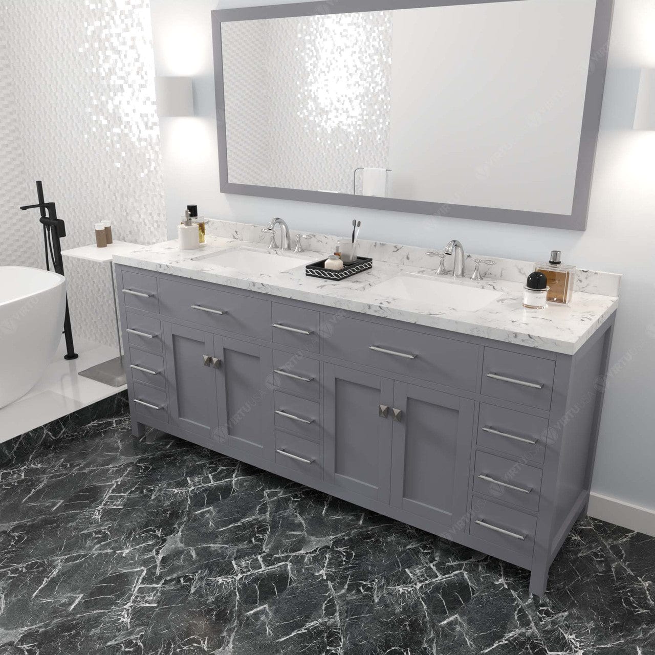 Caroline Parkway 78" Bath Vanity in Gray with Quartz Top perspective