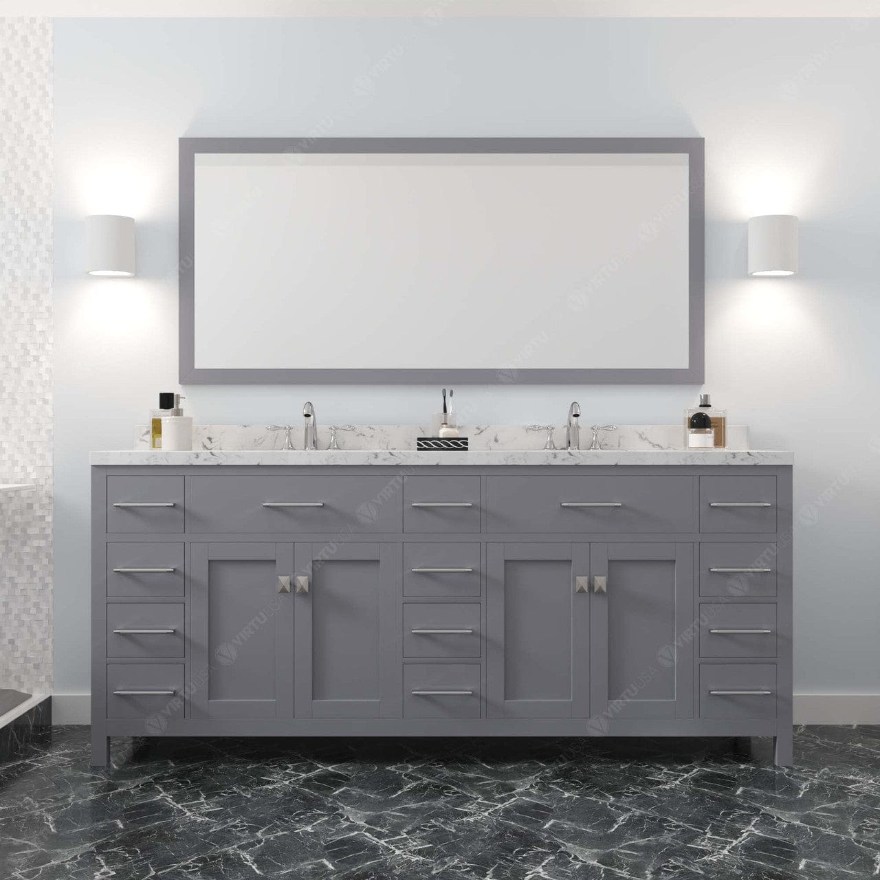 Caroline Parkway 78" Bath Vanity in Gray with Quartz Top front view