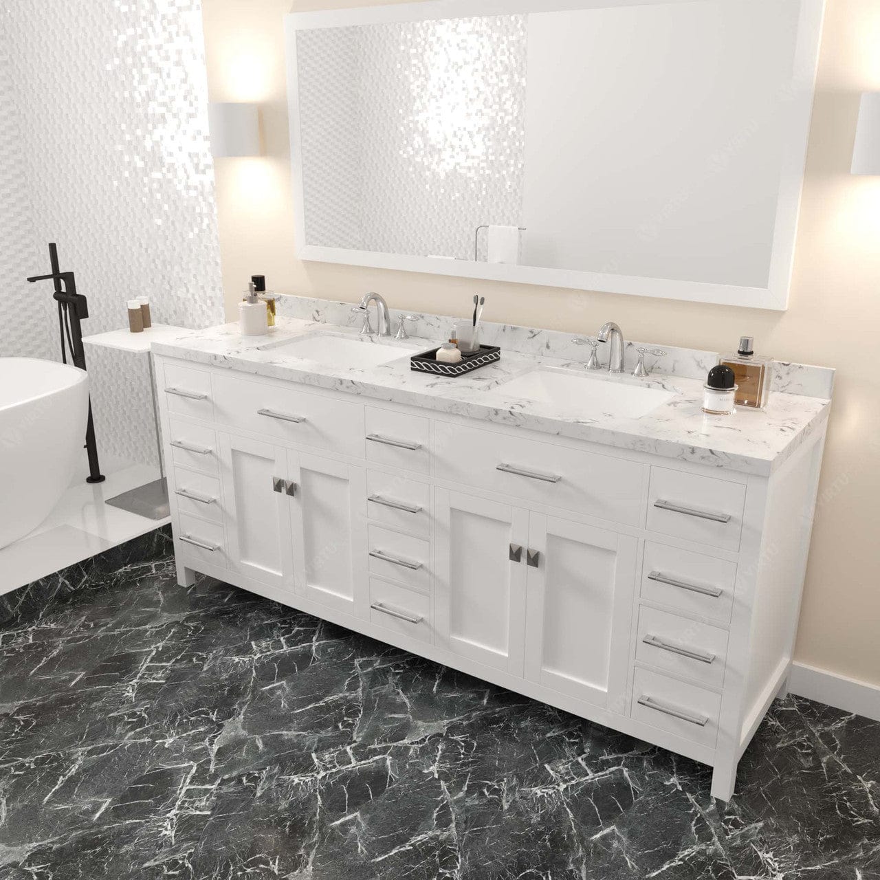 Caroline Parkway 78" Bath Vanity in White with Cultured Marble Quartz Top perspective