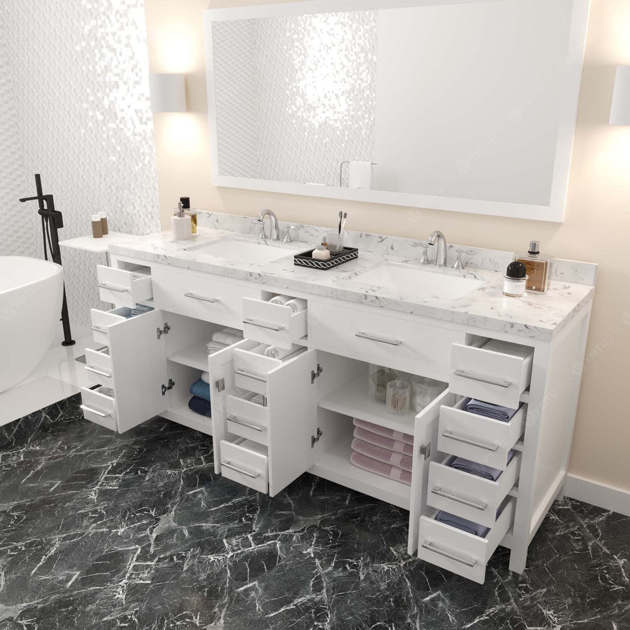 Caroline Parkway 78" Bath Vanity in White with Cultured Marble Quartz Top drawers open