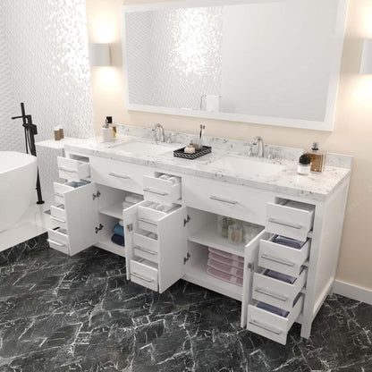 Caroline Parkway 78" Bath Vanity in White with Cultured Marble Quartz Top drawers open