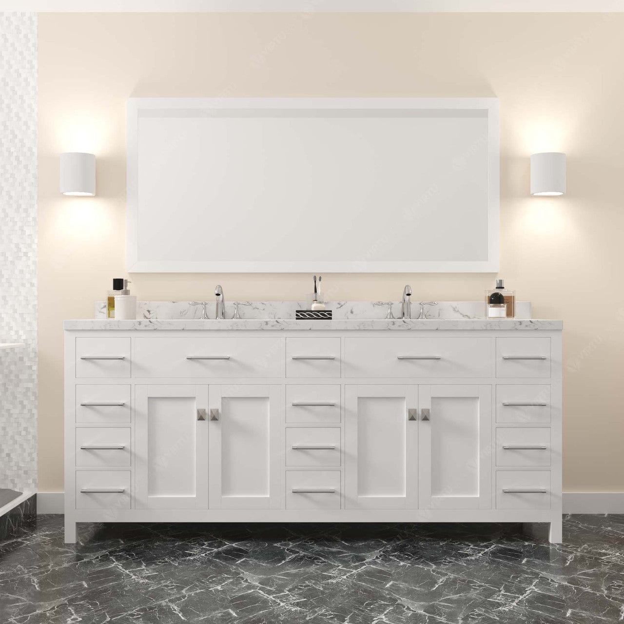 Caroline Parkway 78" Bath Vanity in White with Quartz Top front view