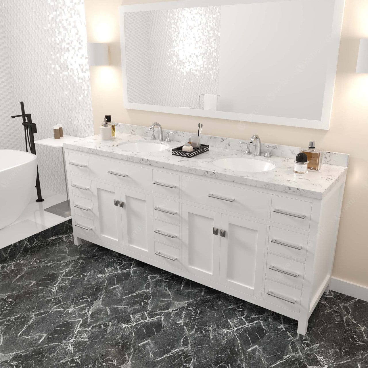 Caroline Parkway 78" Bath Vanity in White with Quartz Top perspective