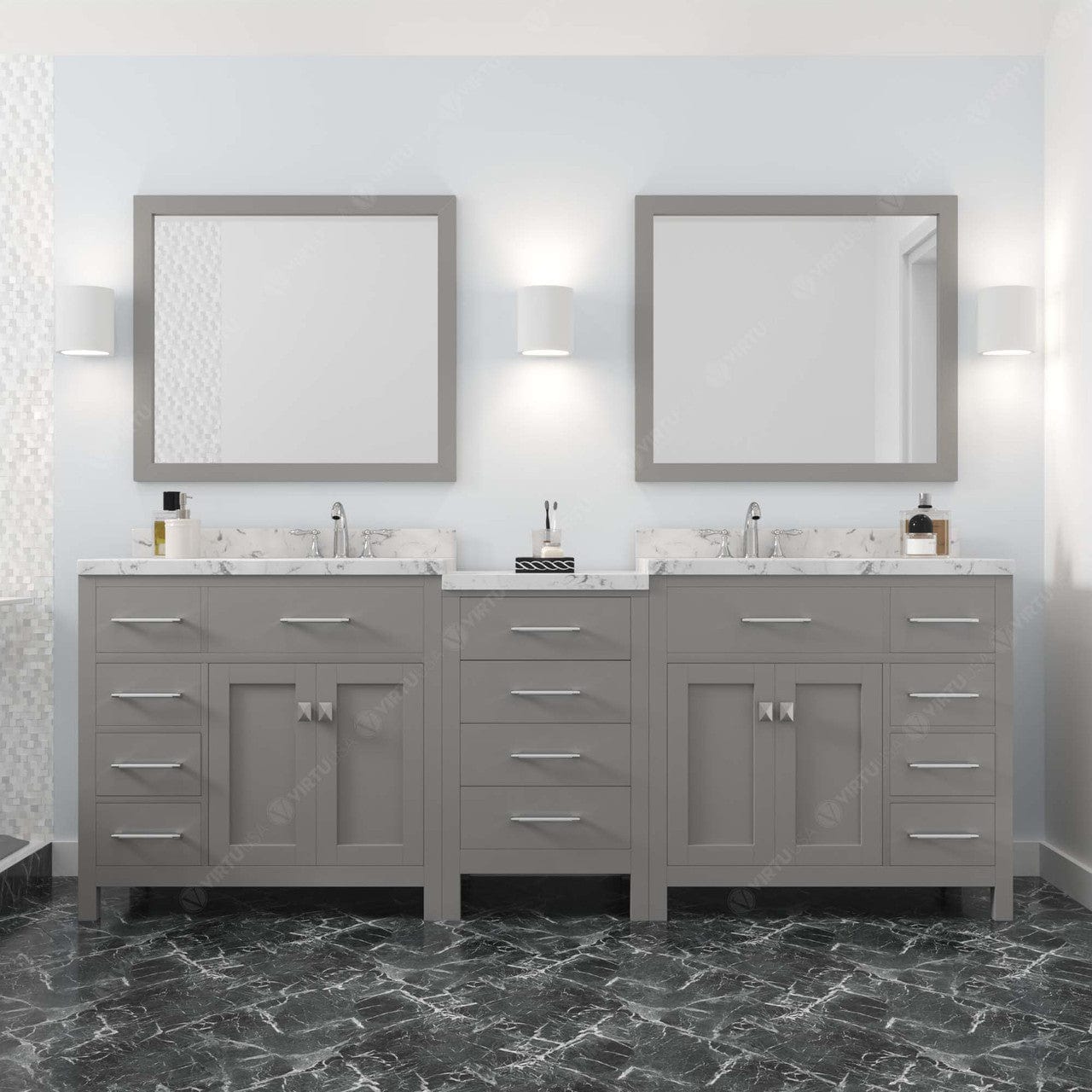 Caroline Parkway 93" Bath Vanity in Gray with Cultured Marble Quartz Top front view