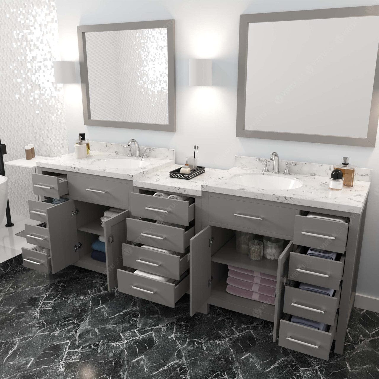 Caroline Parkway 93" Bath Vanity in Gray with Cultured Marble Quartz Top drawers open