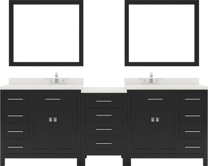 Double sink bathroom vanity set with brushed nickel faucet, right offset