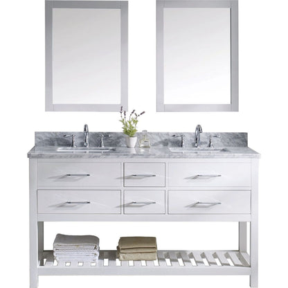 Virtu USA Caroline Estate 60" Double Bathroom Vanity Cabinet Set in White w/ Italian Carrara White Marble Counter-Top