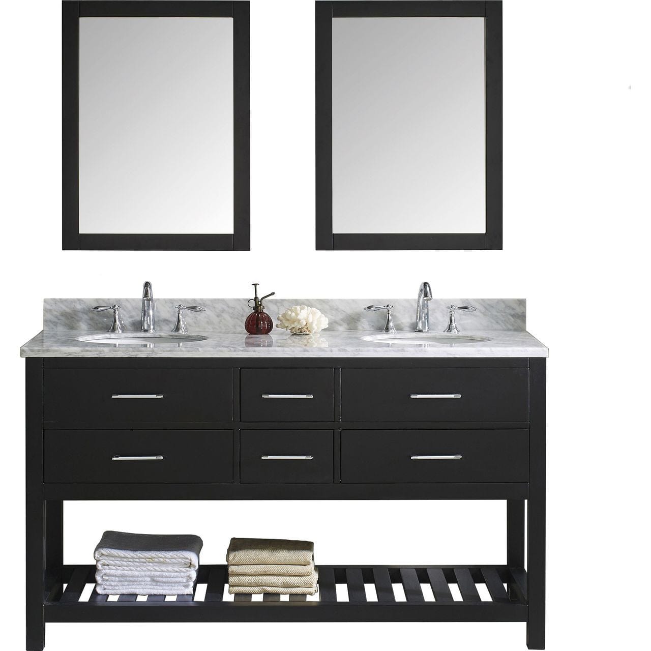 Virtu USA Caroline Estate 60" Double Bathroom Vanity Cabinet Set in Espresso w/ Italian Carrara White Marble Counter-Top