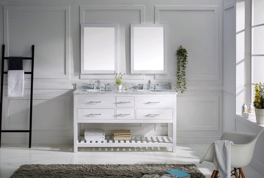 Virtu USA Caroline Estate 60" Double Bathroom Vanity Cabinet Set in White w/ Italian Carrara White Marble Counter-Top, Round Basin