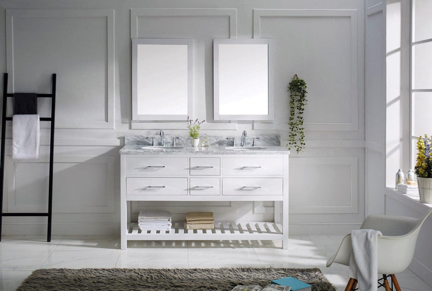Virtu USA Caroline Estate 60 Double Bathroom Vanity Cabinet Set in White w/ Italian Carrara White Marble Counter-Top, Round Basin