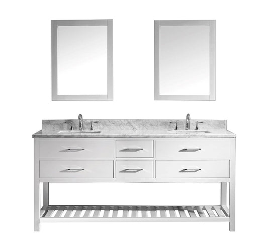 Virtu USA Caroline Estate 72 Double Bathroom Vanity Set in White w/ Italian Carrara White Marble Counter-Top | Square Basin