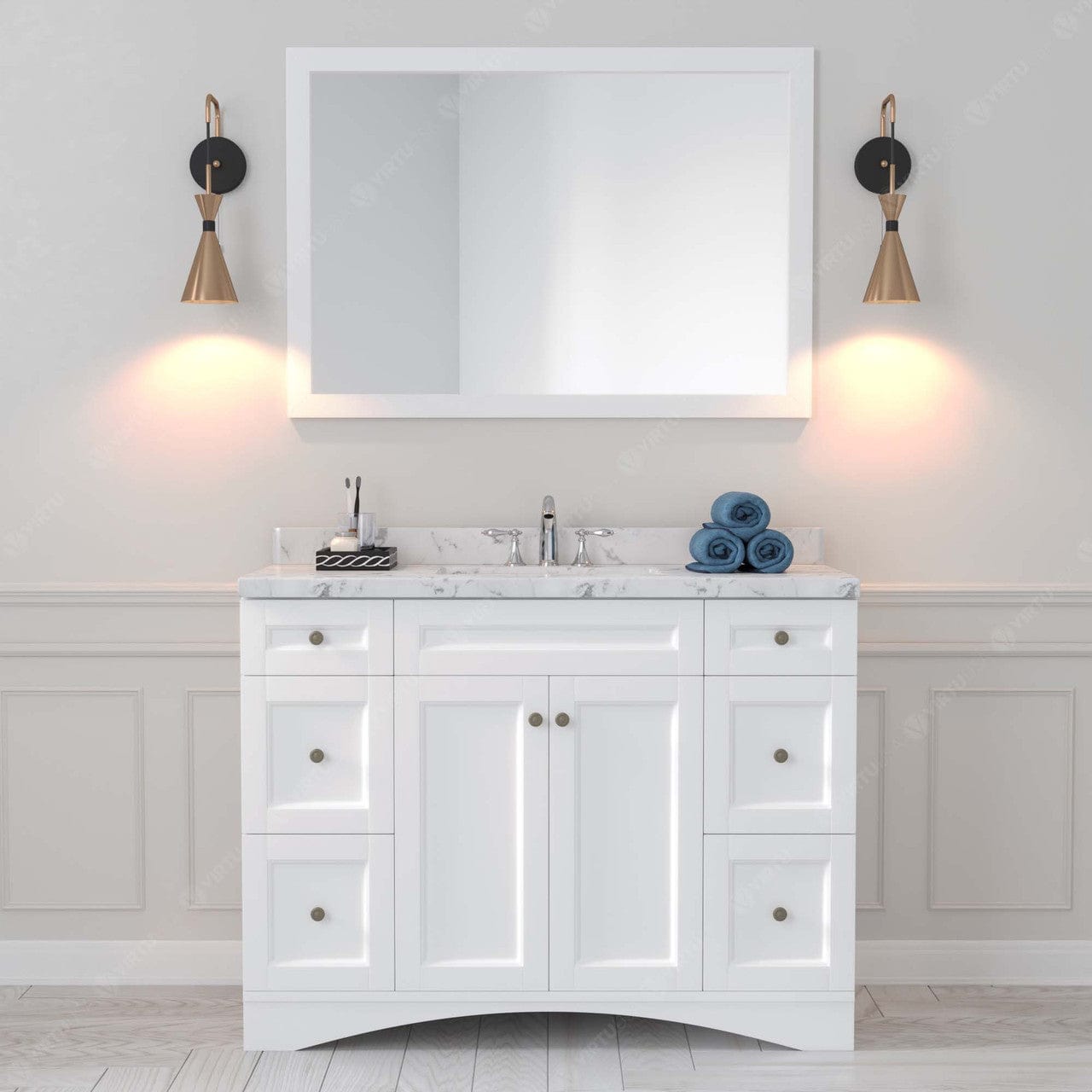 Elise 48" Single Bath Vanity in White with Cultured Marble Quartz Top front view