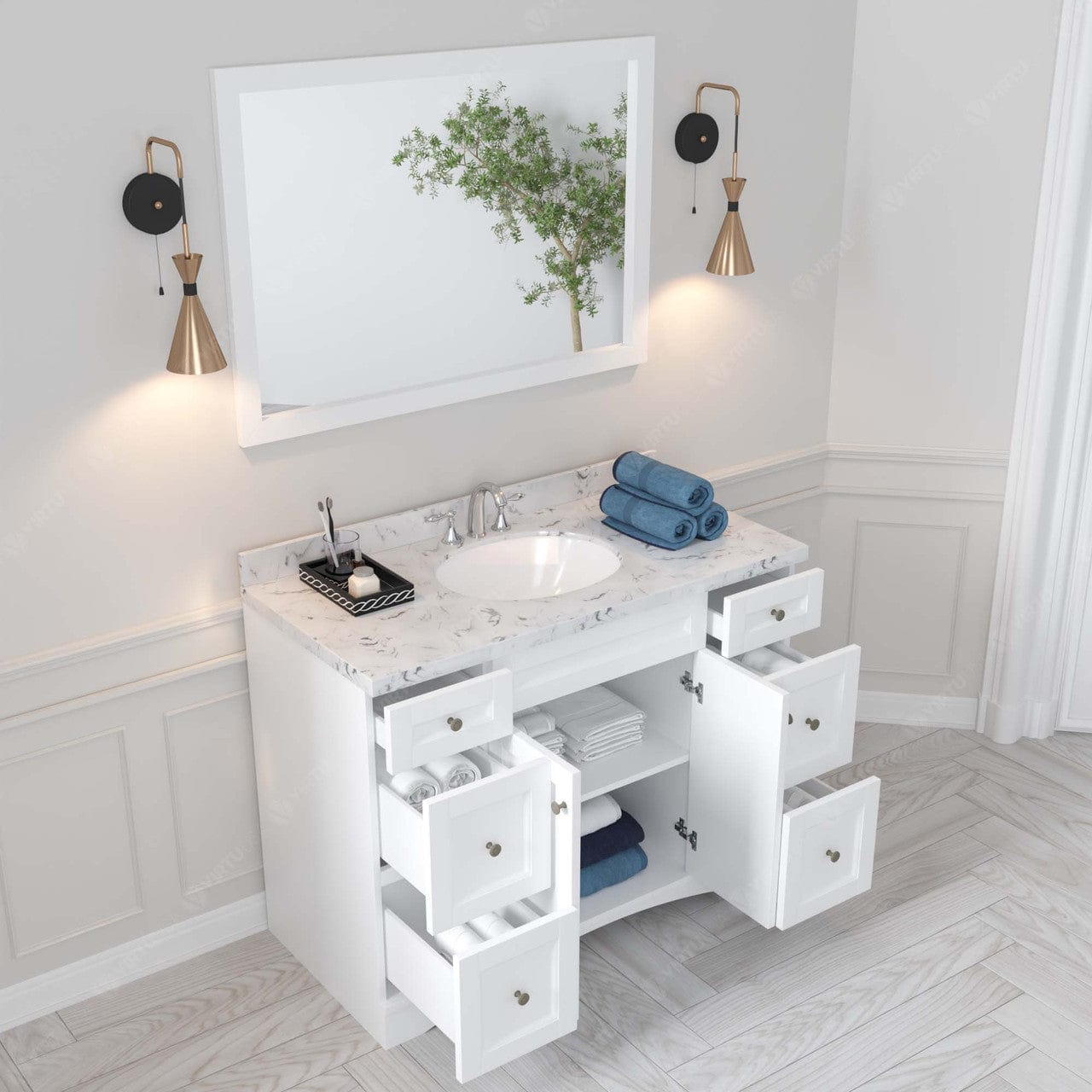 Elise 48" Single Bath Vanity in White with Cultured Marble Quartz Top and Sink drawers open