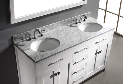 Virtu USA Caroline 60 Double Bathroom Vanity Set in White w/ Italian Carrara White Marble Counter-Top |Ê Round Basin