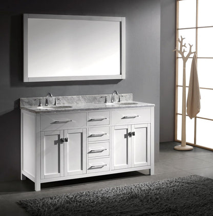 Virtu USA Caroline 60 Double Bathroom Vanity Set in White w/ Italian Carrara White Marble Counter-Top |Ê Round Basin