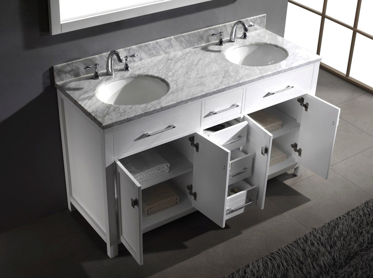 Virtu USA Caroline 60 Double Bathroom Vanity Set in White w/ Italian Carrara White Marble Counter-Top |Ê Round Basin