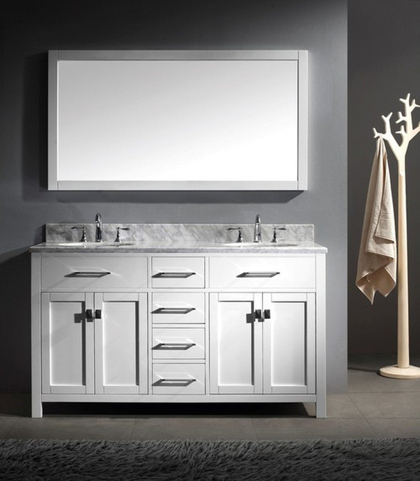 Virtu USA Caroline 60 Double Bathroom Vanity Set in White w/ Italian Carrara White Marble Counter-Top |Ê Round Basin