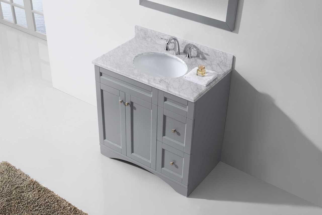 Virtu USA Elise 36 Single Bathroom Vanity Set in Grey w/ Italian Carrara White Marble Counter-Top | Round Basin