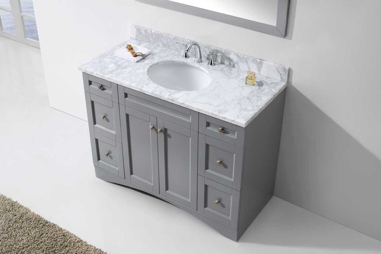 Virtu USA Elise 48 Single Bathroom Vanity Set in Grey w/ Italian Carrara White Marble Counter-Top | Round Basin