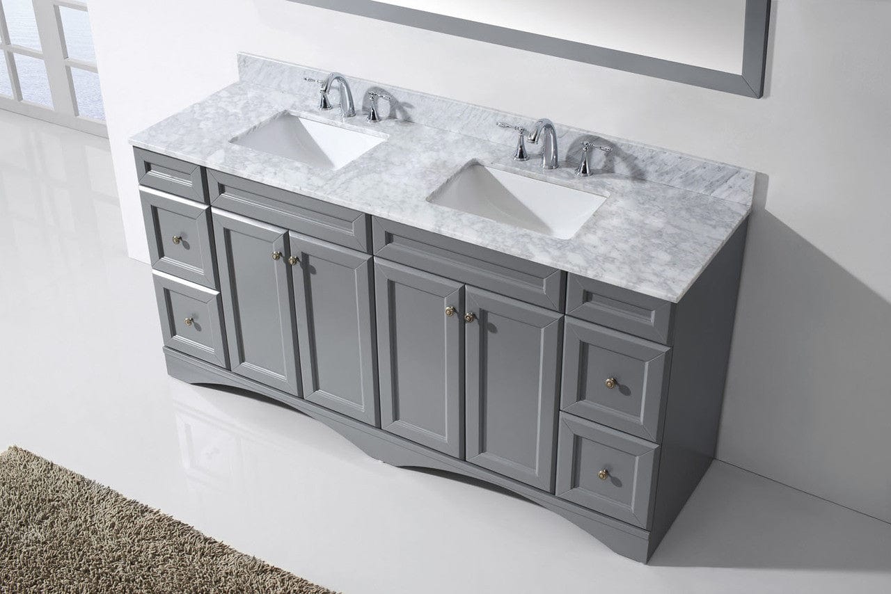 Virtu USA Talisa 72 Double Bathroom Vanity Set in Grey w/ Italian Carrara White Marble Counter-Top | Square Basin