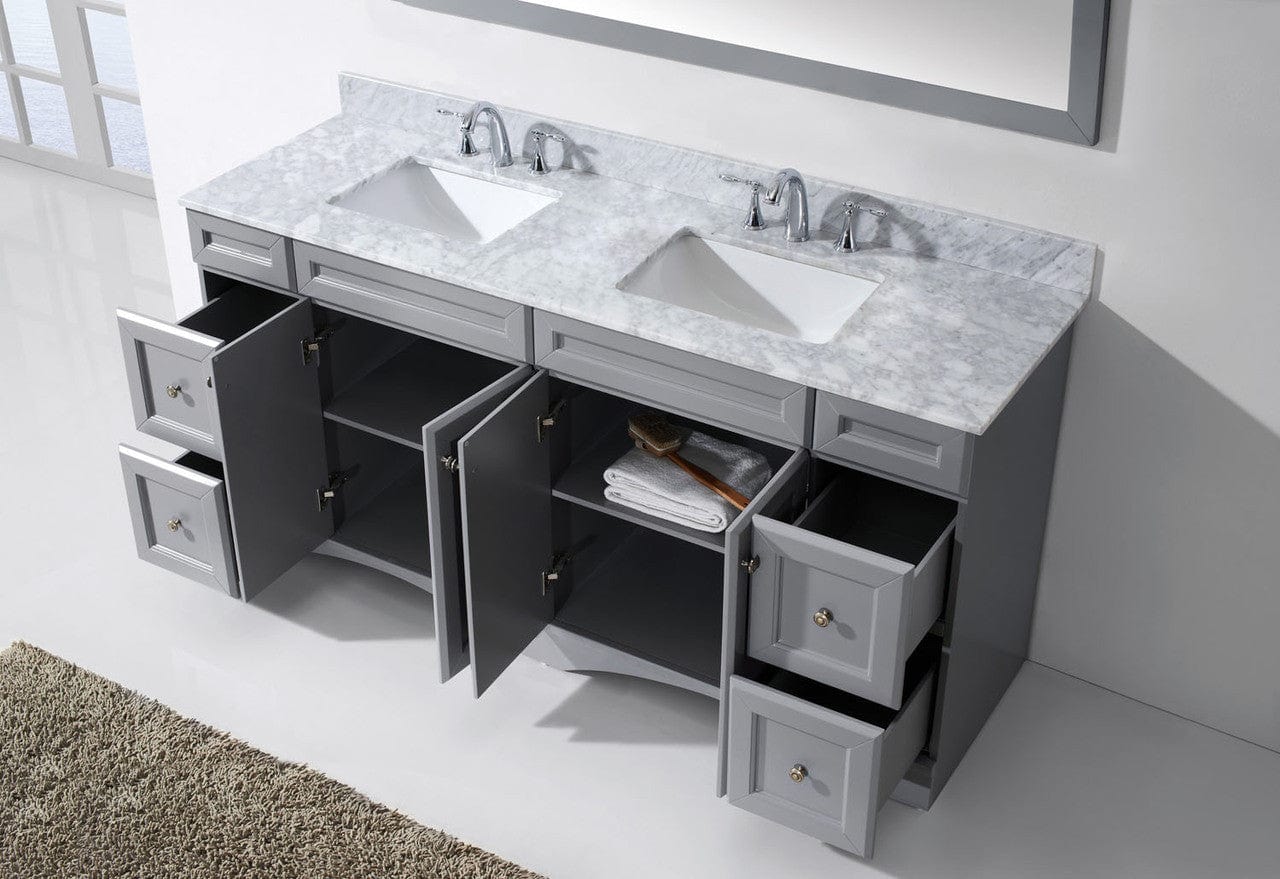 Virtu USA Talisa 72 Double Bathroom Vanity Set in Grey w/ Italian Carrara White Marble Counter-Top | Square Basin