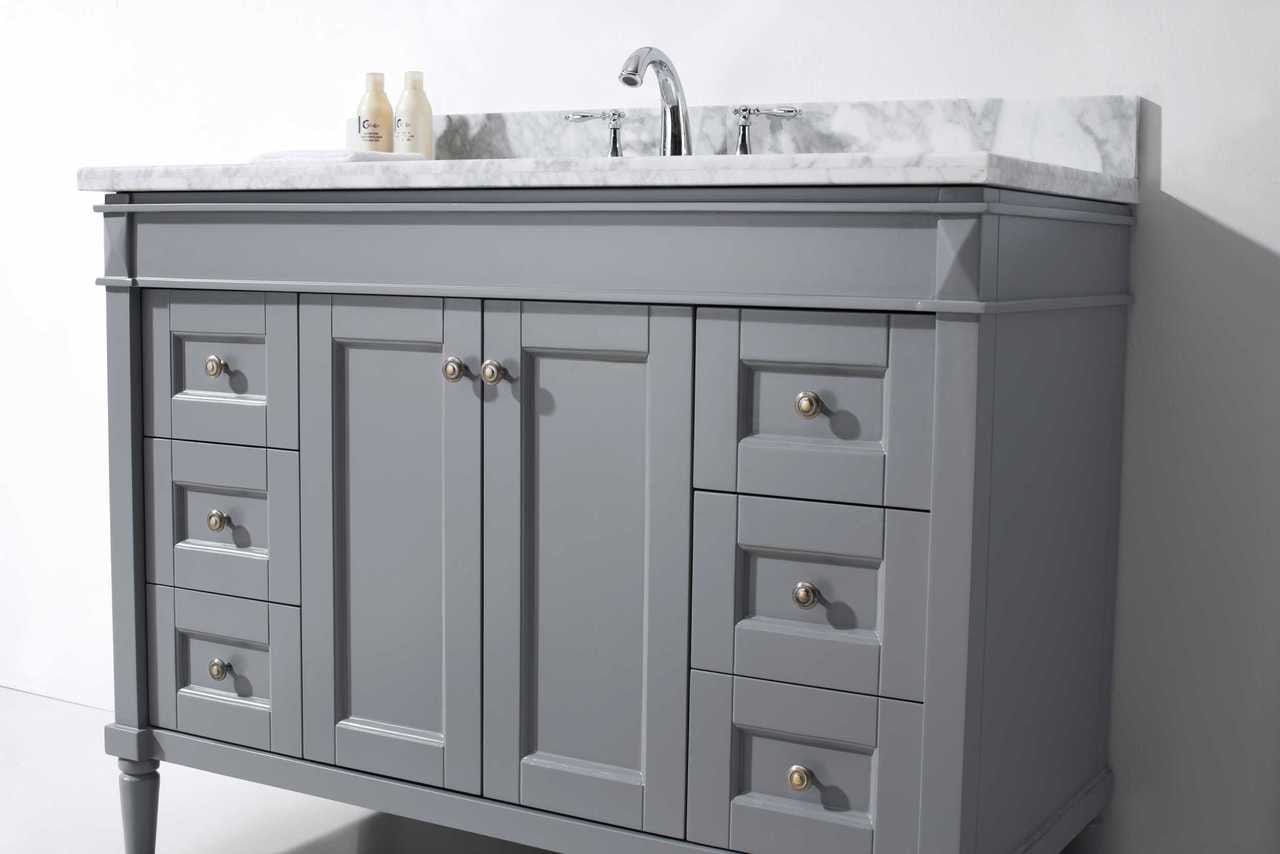 Virtu USA Tiffany 48 Single Bathroom Vanity Set in Grey w/ Italian Carrara White Marble Counter-Top | Round Basin