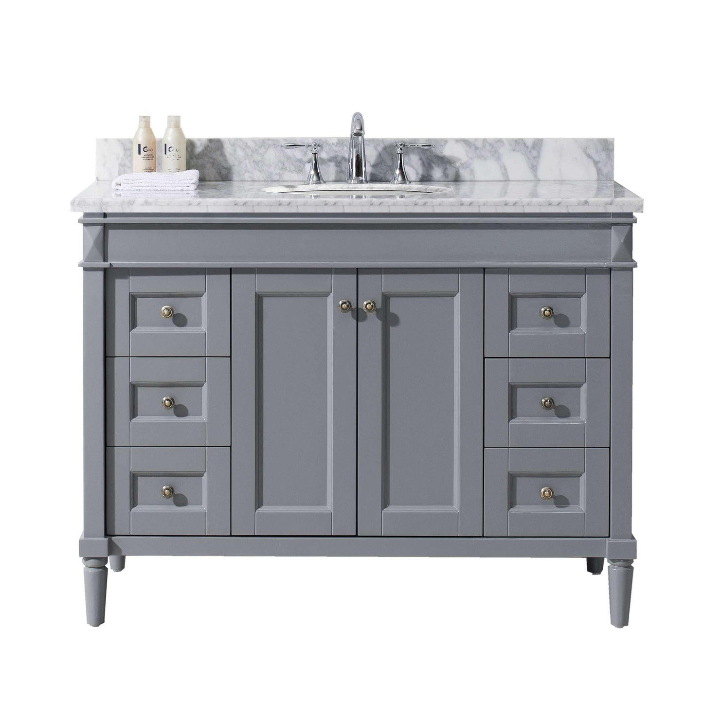 Virtu USA Tiffany 48 Single Bathroom Vanity Set in Grey w/ Italian Carrara White Marble Counter-Top | Round Basin