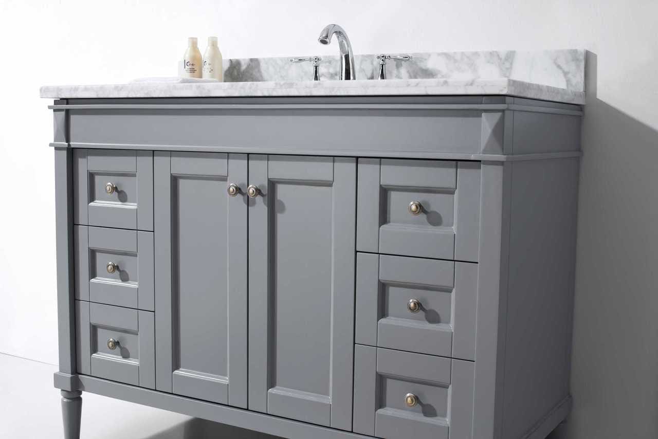 Virtu USA Tiffany 48 Single Bathroom Vanity Set in Grey w/ Italian Carrara White Marble Counter-Top | Square Basin