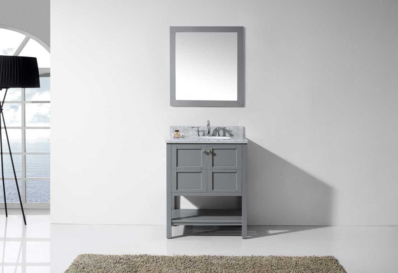 Virtu USA Winterfell 30 Single Bathroom Vanity Set in Grey w/ Italian Carrara White Marble Counter-Top | Round Basin