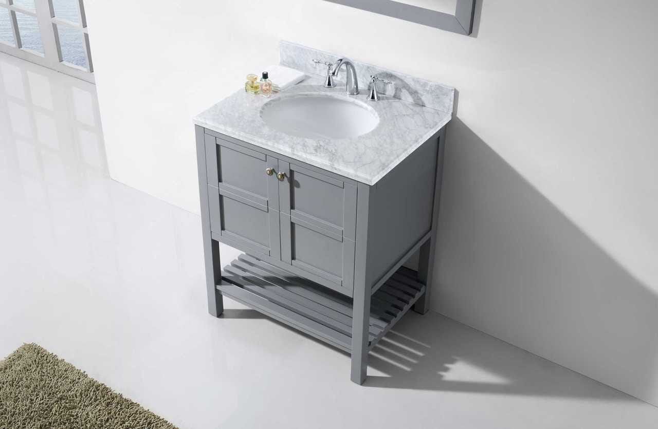 Virtu USA Winterfell 30 Single Bathroom Vanity Set in Grey w/ Italian Carrara White Marble Counter-Top | Round Basin