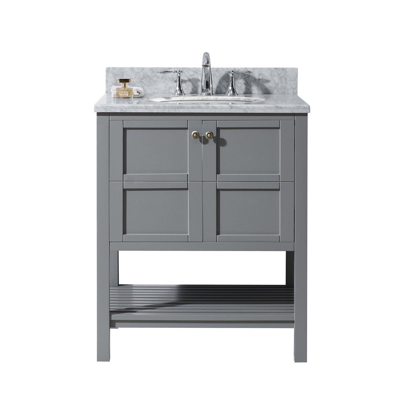 Virtu USA Winterfell 30 Single Bathroom Vanity Set in Grey w/ Italian Carrara White Marble Counter-Top | Round Basin