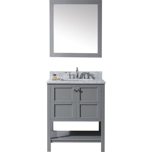 Virtu USA Winterfell 30" Single Bathroom Vanity Set in Grey w/ Italian Carrara White Marble Counter-Top | Square Basin