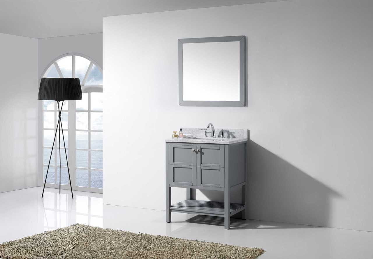 Virtu USA Winterfell 30 Single Bathroom Vanity Set in Grey w/ Italian Carrara White Marble Counter-Top | Square Basin