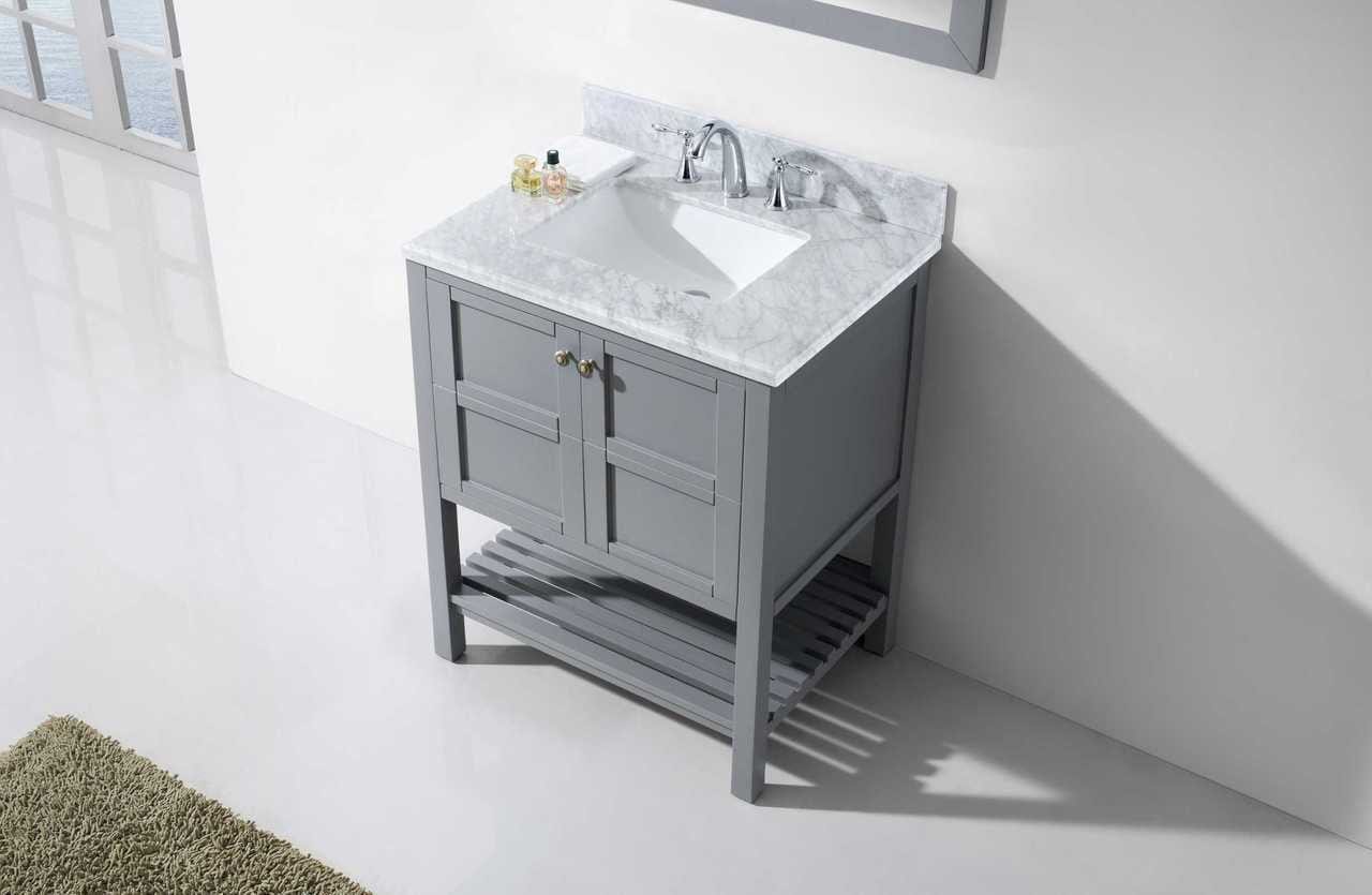 Virtu USA Winterfell 30 Single Bathroom Vanity Set in Grey w/ Italian Carrara White Marble Counter-Top | Square Basin