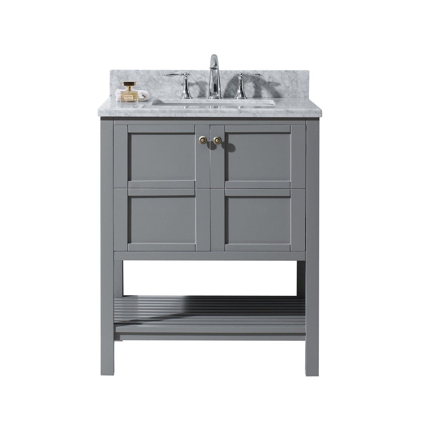 Virtu USA Winterfell 30 Single Bathroom Vanity Set in Grey w/ Italian Carrara White Marble Counter-Top | Square Basin