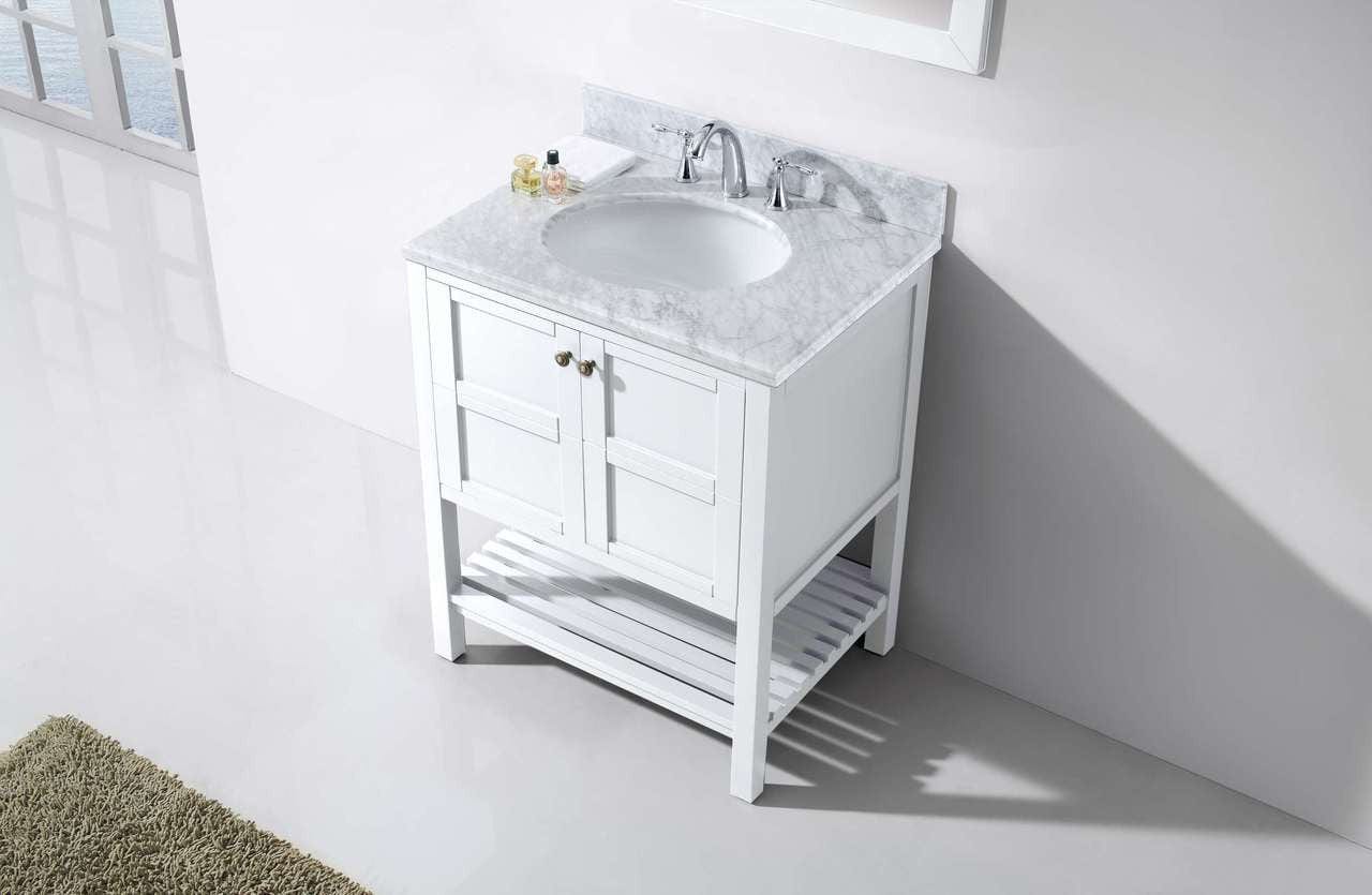 Virtu USA Winterfell 30 Single Bathroom Vanity Set in White w/ Italian Carrara White Marble Counter-Top | Round Basin