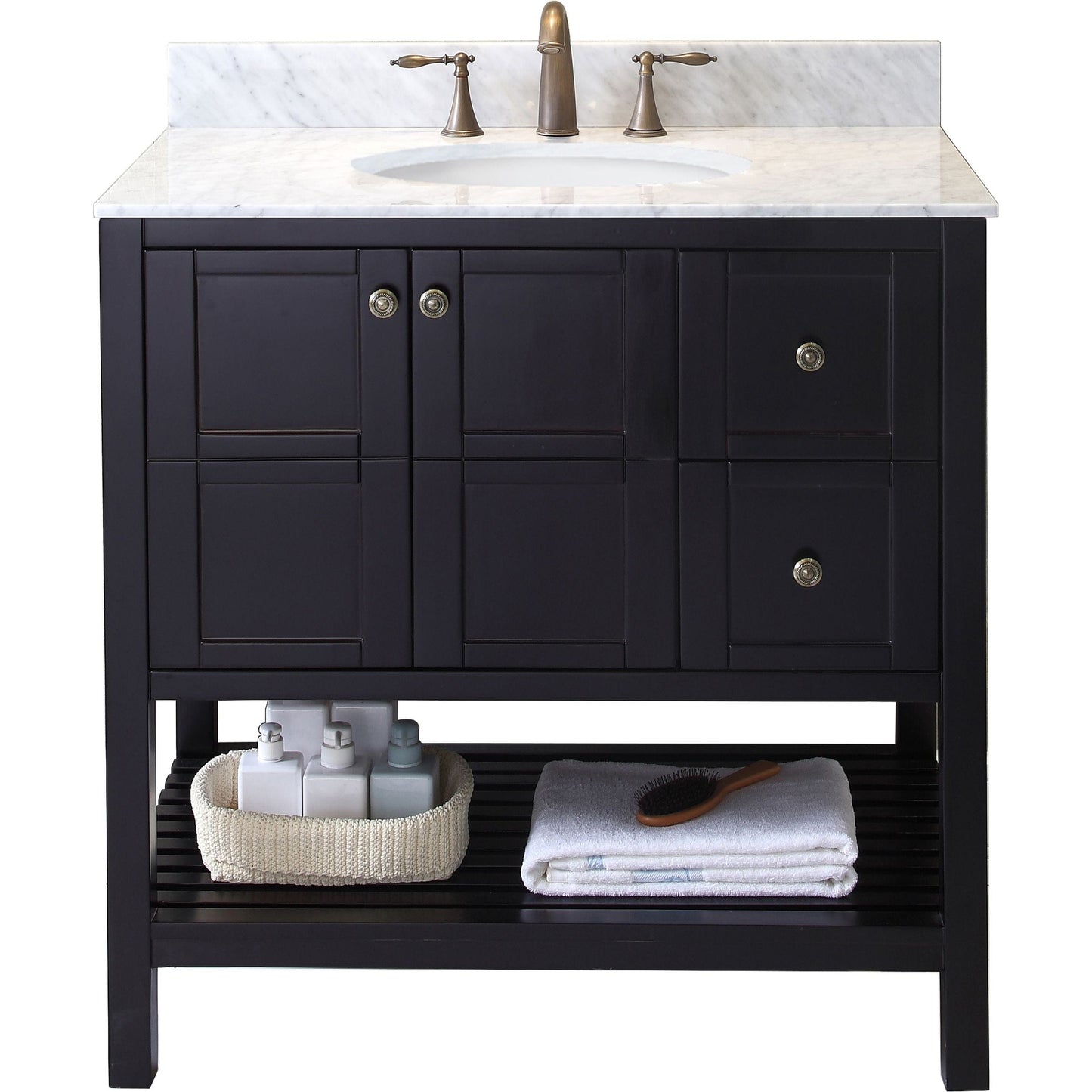 Virtu USA Winterfell 36 Single Bathroom Vanity Set in Espresso w/ Italian Carrara White Marble Counter-Top | Round Basin