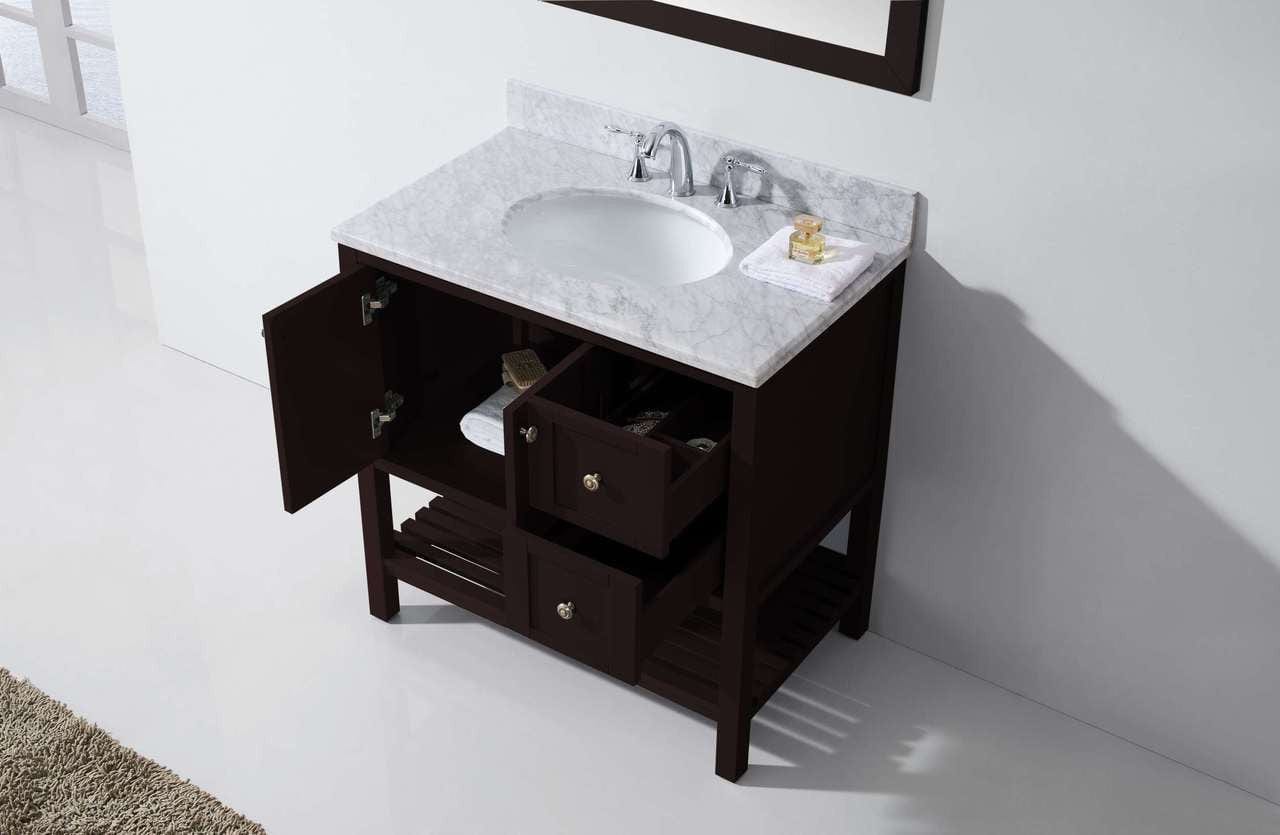 Virtu USA Winterfell 36 Single Bathroom Vanity Set in Espresso w/ Italian Carrara White Marble Counter-Top | Round Basin