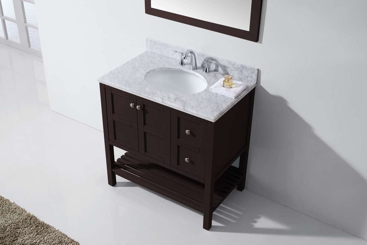 Virtu USA Winterfell 36 Single Bathroom Vanity Set in Espresso w/ Italian Carrara White Marble Counter-Top | Round Basin