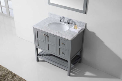 Virtu USA Winterfell 36 Single Bathroom Vanity Set in Grey w/ Italian Carrara White Marble Counter-Top | Round Basin