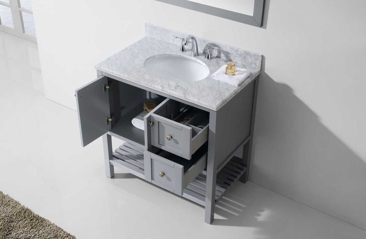 Virtu USA Winterfell 36 Single Bathroom Vanity Set in Grey w/ Italian Carrara White Marble Counter-Top | Round Basin