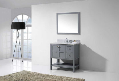 Virtu USA Winterfell 36 Single Bathroom Vanity Set in Grey w/ Italian Carrara White Marble Counter-Top | Round Basin