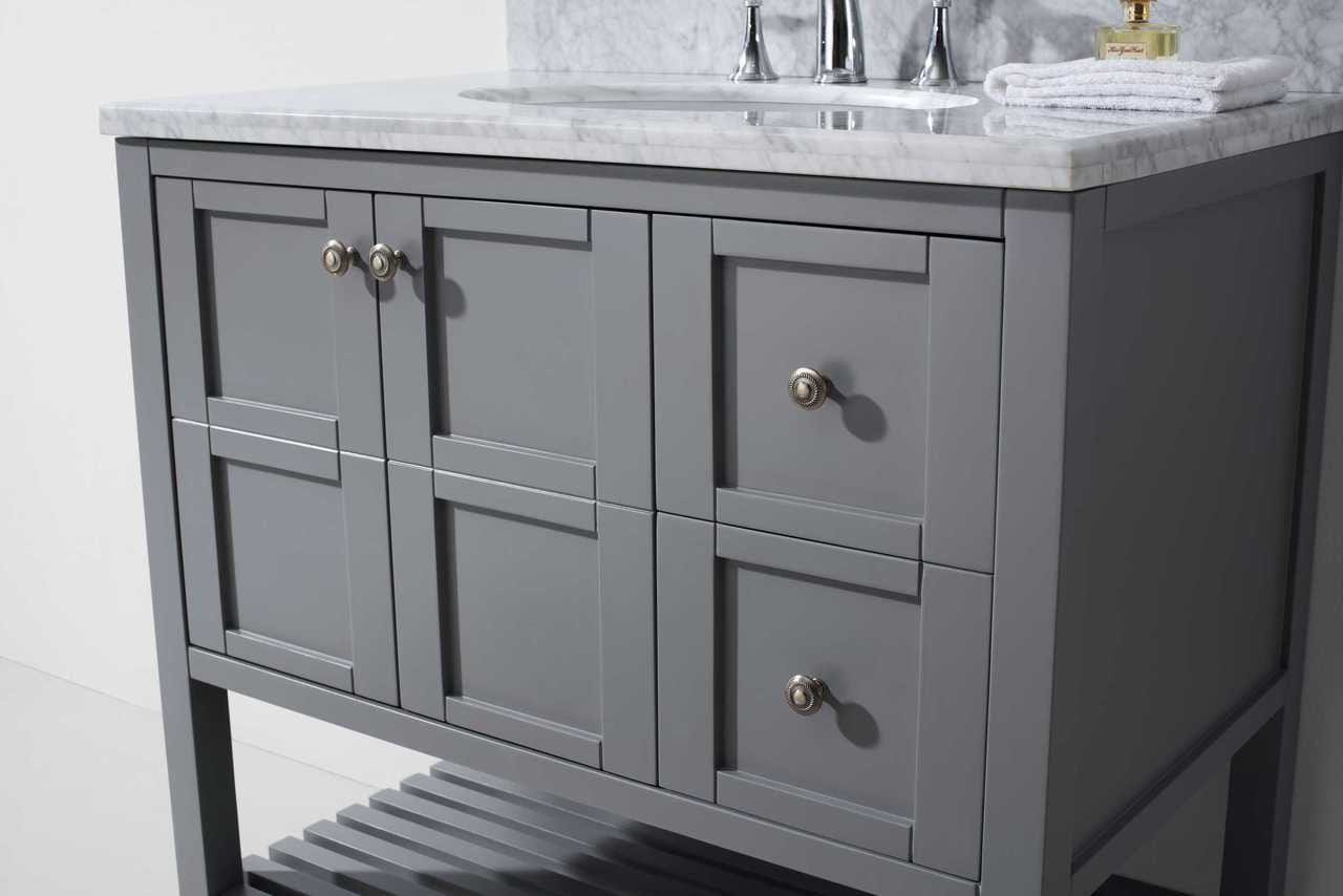 Virtu USA Winterfell 36 Single Bathroom Vanity Set in Grey w/ Italian Carrara White Marble Counter-Top | Round Basin