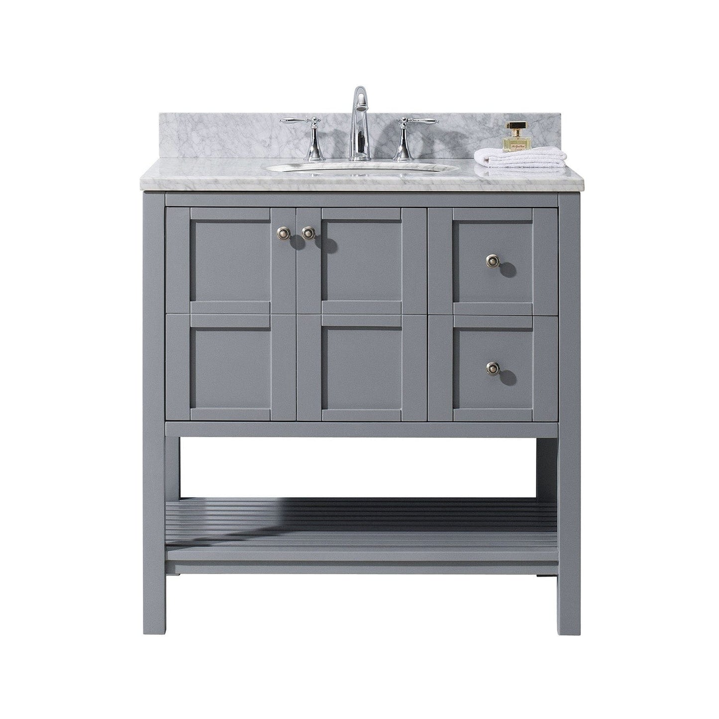 Virtu USA Winterfell 36 Single Bathroom Vanity Set in Grey w/ Italian Carrara White Marble Counter-Top | Round Basin