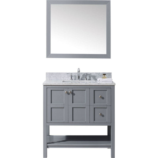 Virtu USA Winterfell 36" Single Bathroom Vanity Set in Grey w/ Italian Carrara White Marble Counter-Top | Square Basin