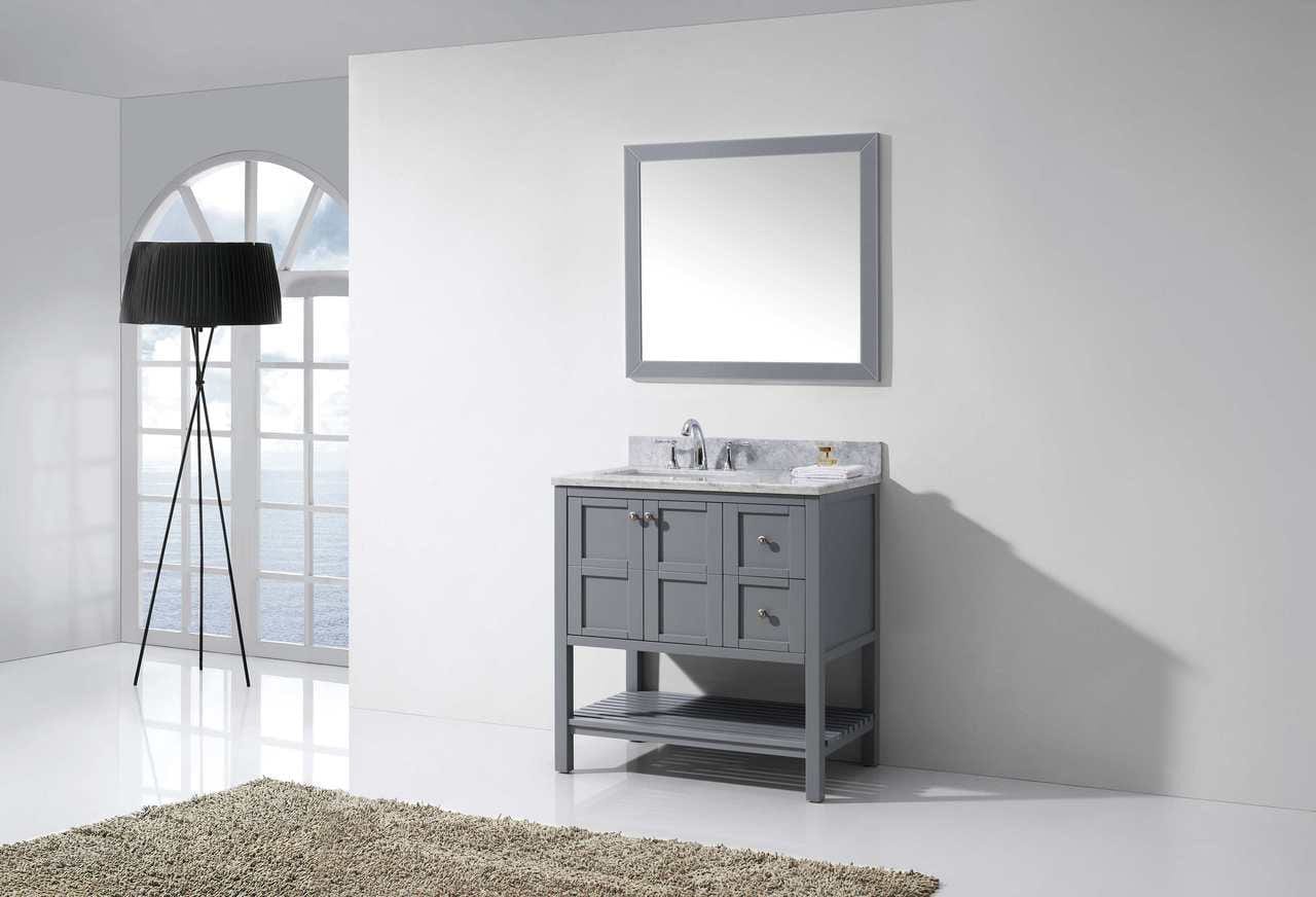 Virtu USA Winterfell 36 Single Bathroom Vanity Set in Grey w/ Italian Carrara White Marble Counter-Top | Square Basin