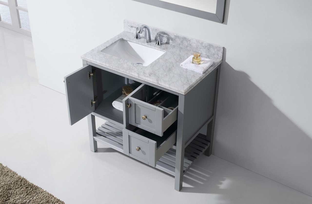 Virtu USA Winterfell 36 Single Bathroom Vanity Set in Grey w/ Italian Carrara White Marble Counter-Top | Square Basin